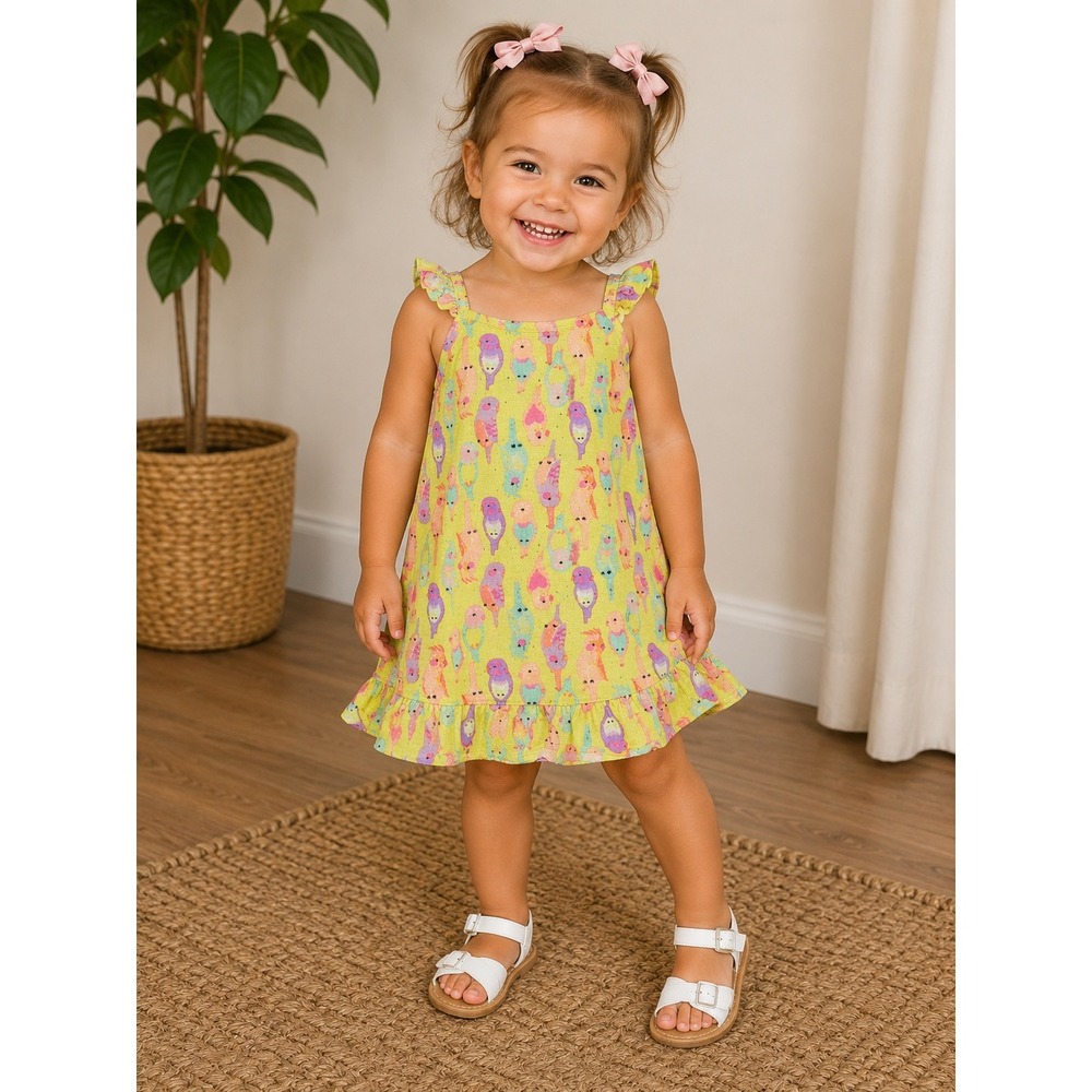 Wonderkids Girls 2T Yellow Bright Toucan Tropical Bird Ruffle Sleeveless Dress